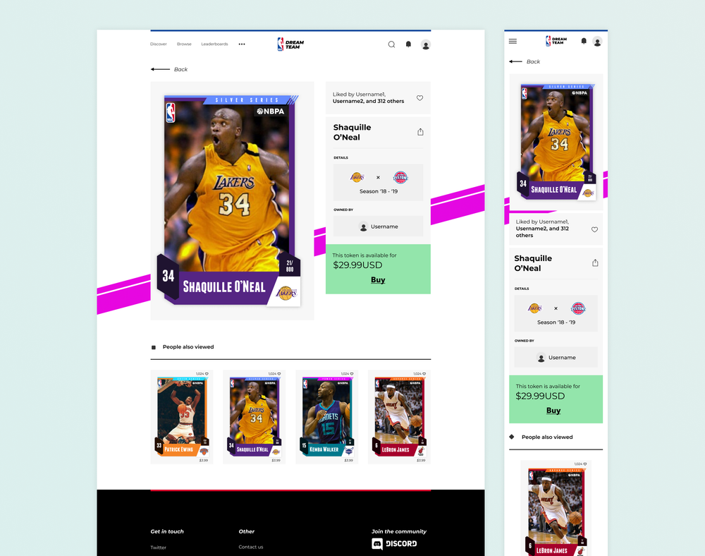 Desktop and mobile collectible detail designs featuring Shaquille O'Neal, ownership details, and a purchase action