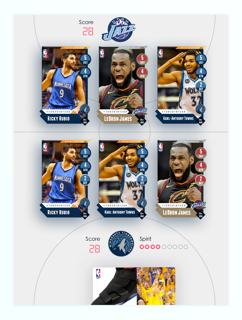 Early basketball game exploration with player cards, team scores, and attack and defense attributes
