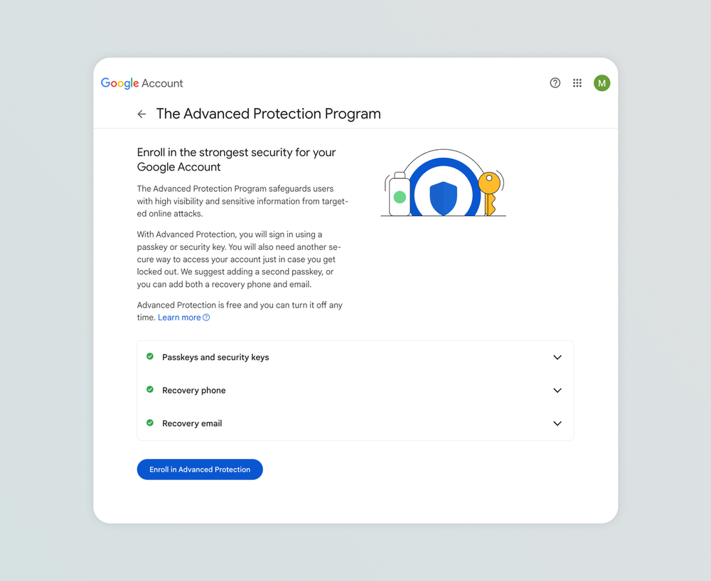 Advanced Protection enrollment checklist for passkeys or security keys, recovery phone, and recovery email