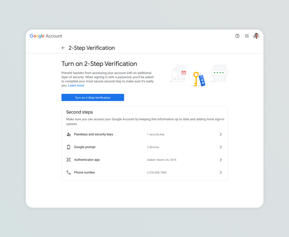 Second-step methods available before enabling 2-Step Verification