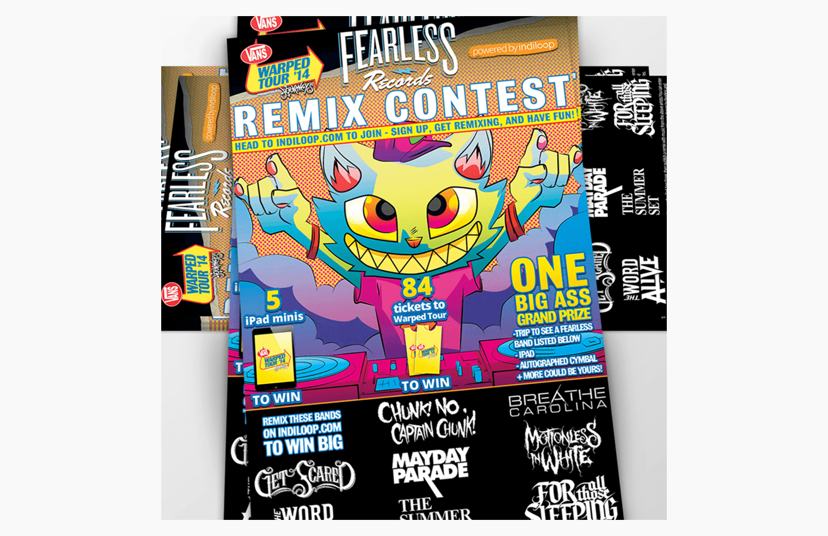 Fearless Records remix-contest flyers with illustrated artwork and artist names