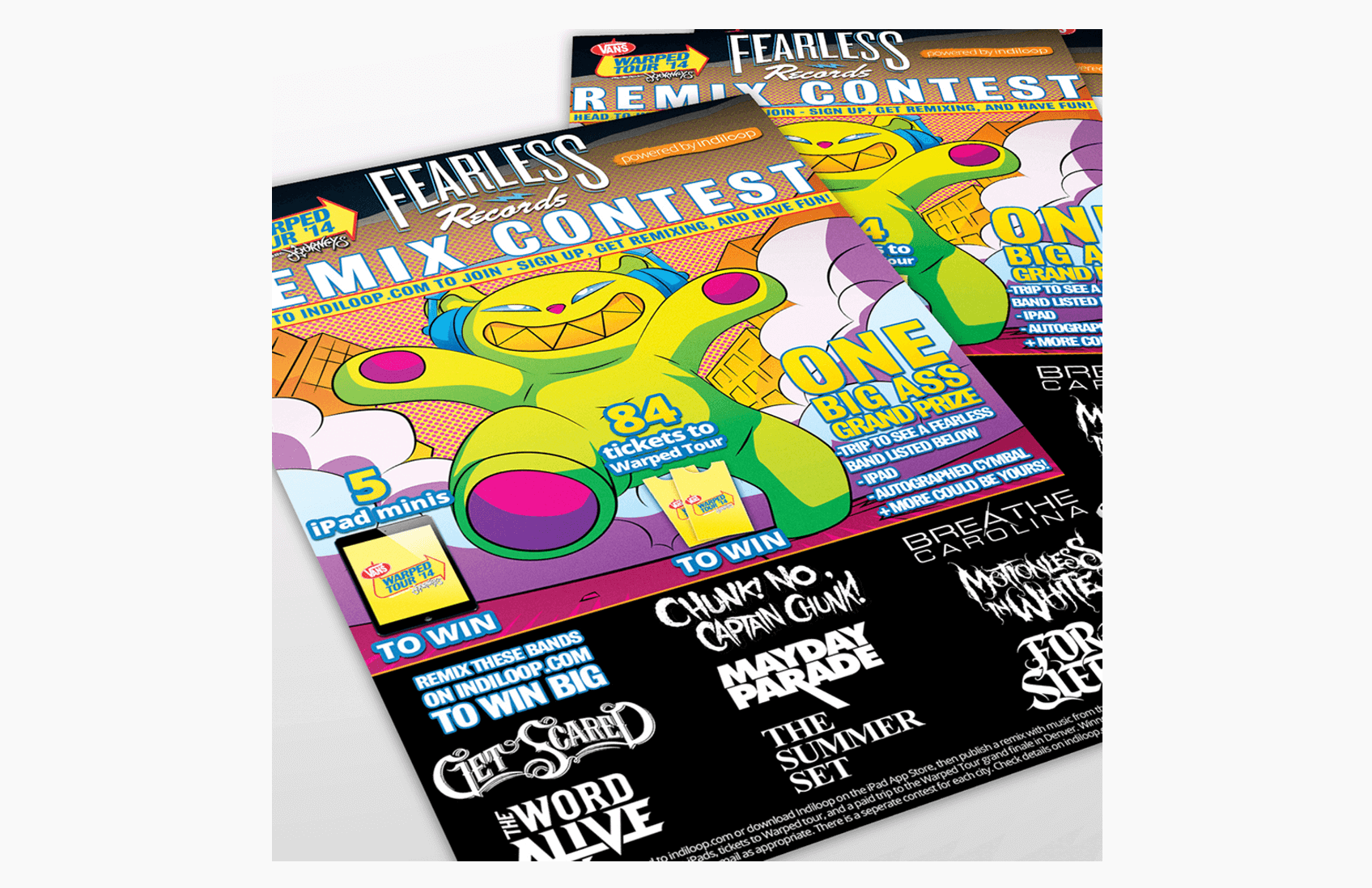 Fearless Records remix-contest poster featuring a green bear with headphones