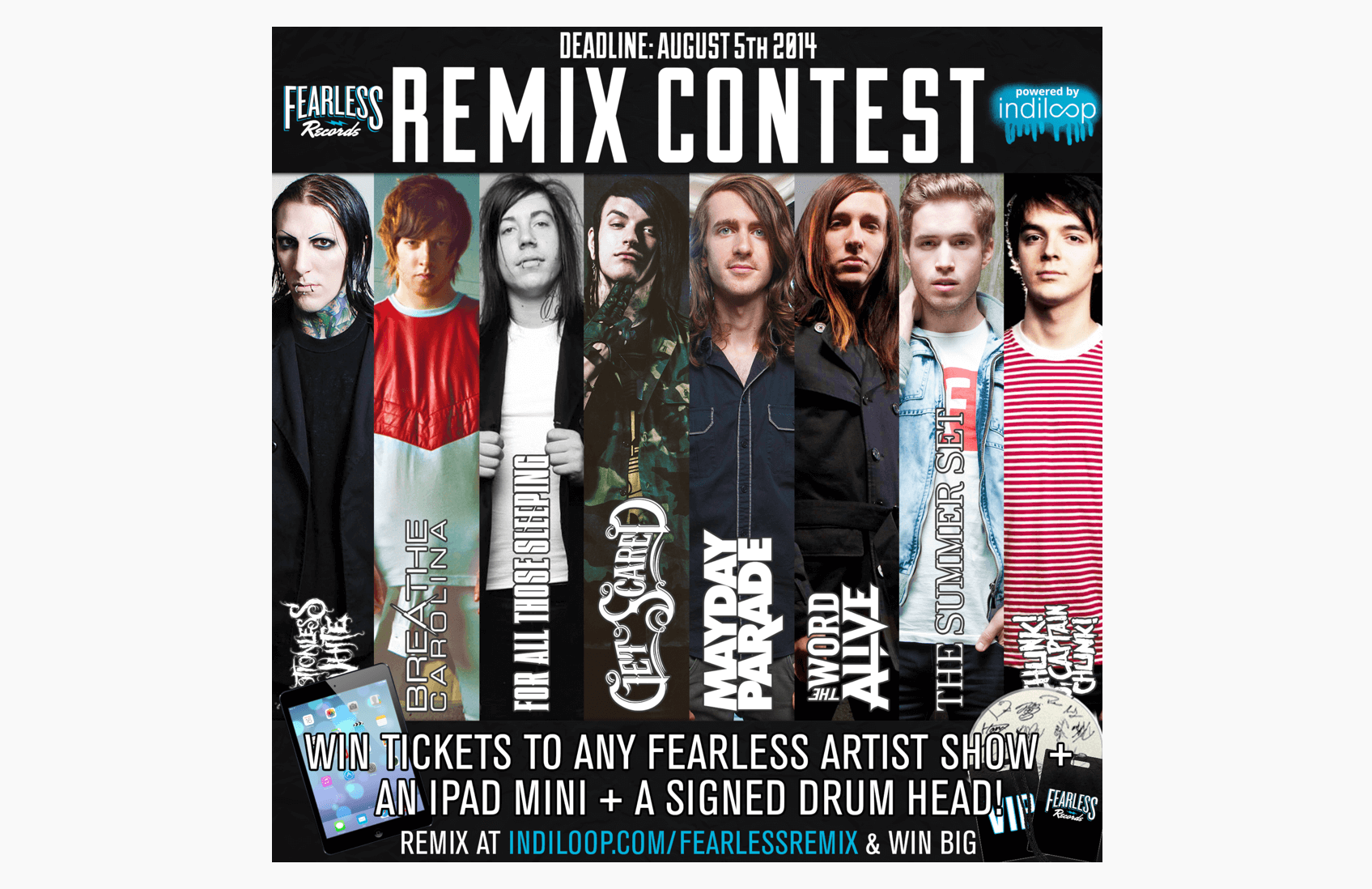 Fearless Records remix-contest poster featuring the participating artists and bands