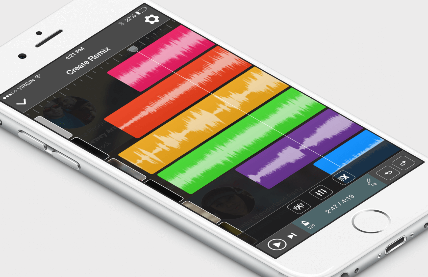 Indiloop iOS remix editor with stacked colored waveforms and playback controls