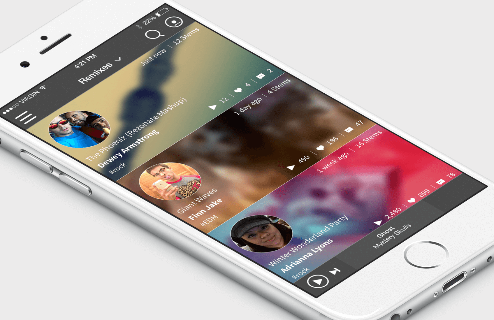 Indiloop iOS community feed with remix playback