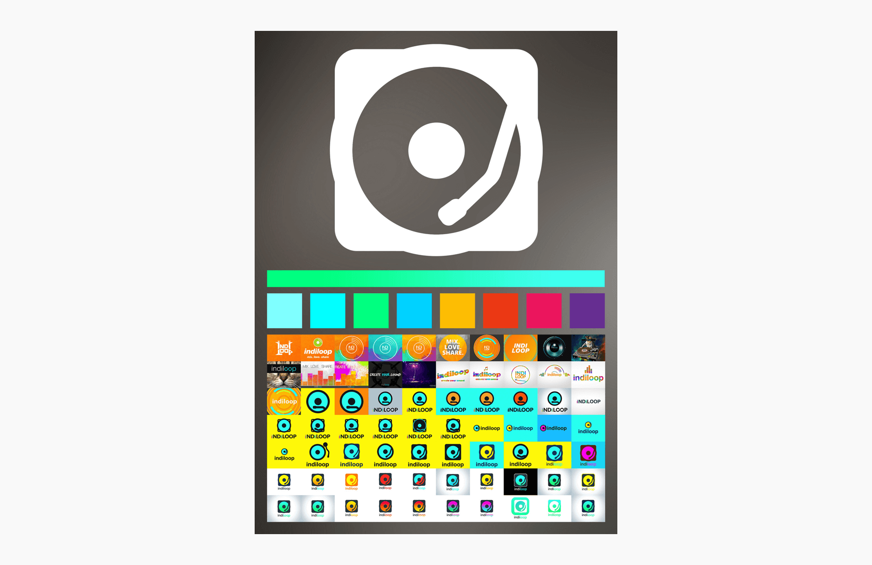 Indiloop logo, color palette, and app-icon explorations