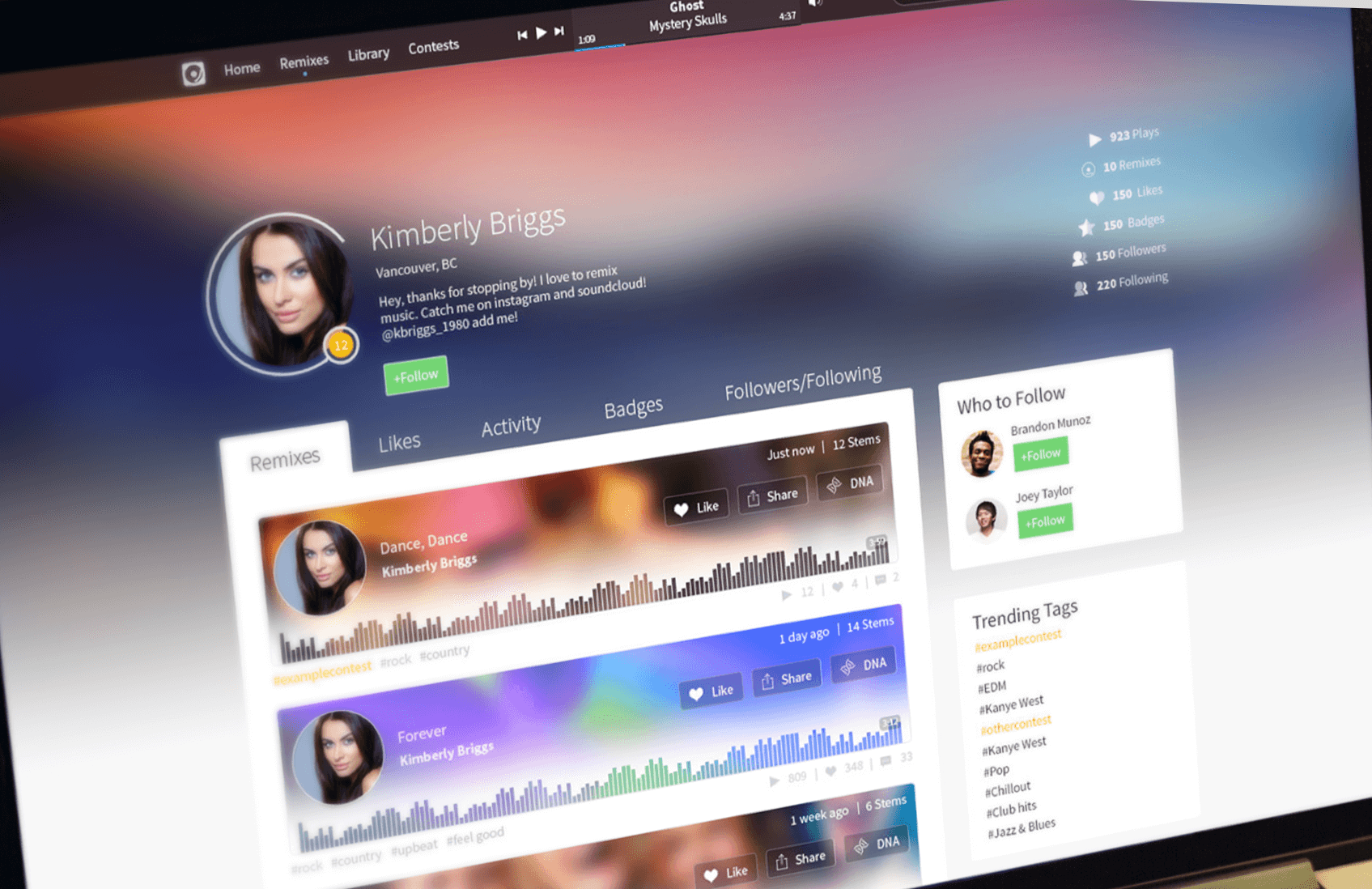 Indiloop desktop member profile with published remixes and playback waveforms