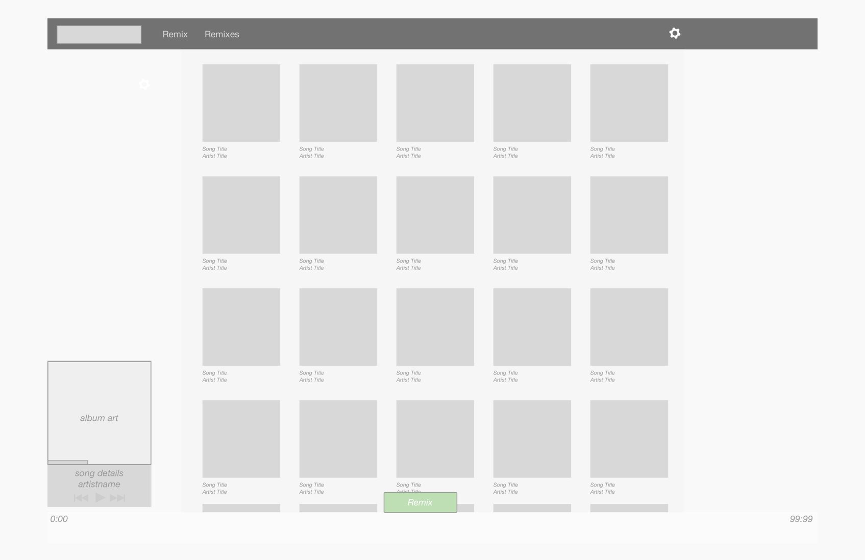Indiloop wireframe with horizontal navigation above a dense music library grid