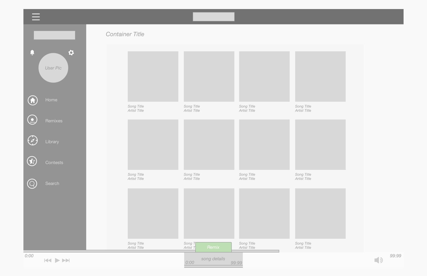 Indiloop wireframe combining a top toolbar and expanded sidebar beside the music library
