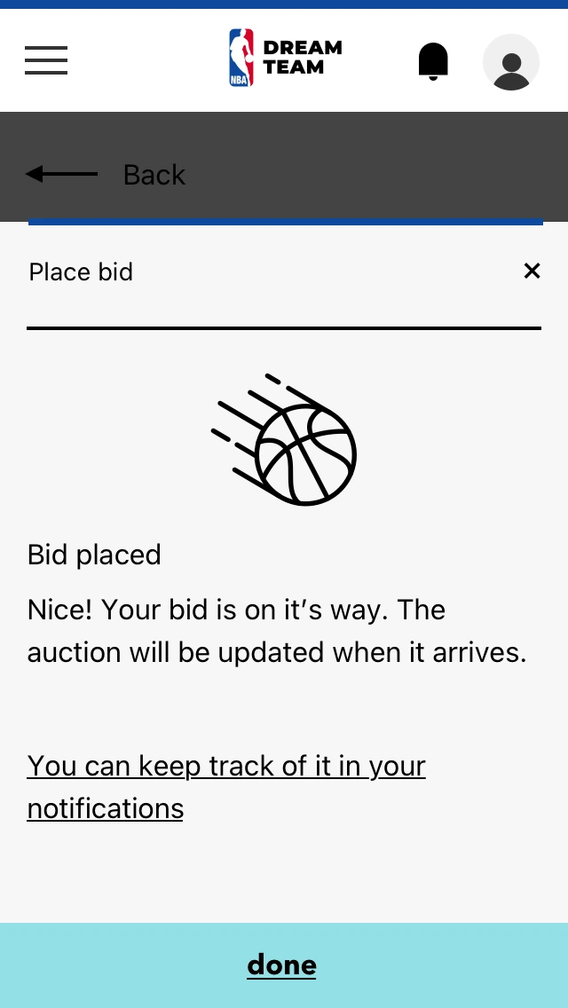 Early NBA Top Shot mobile concept confirming a bid and linking to notifications
